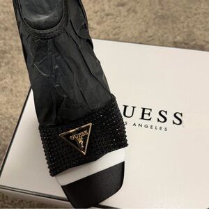 GUESS Black and White Embellished Slide Sandals with Gold Logo